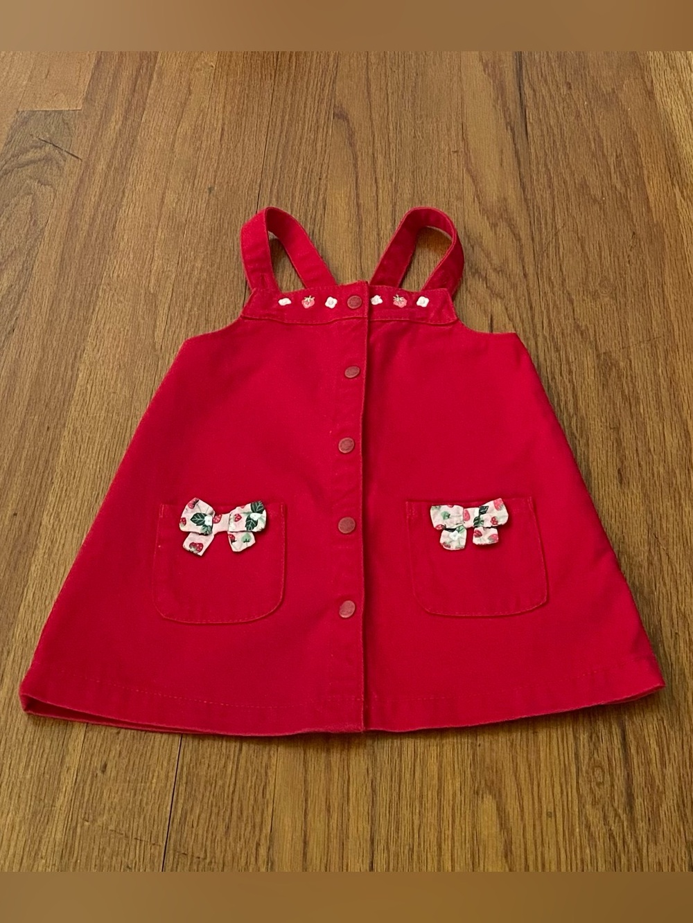 Sergent Major Red  Pinafore Dress with embroidered Strawberries